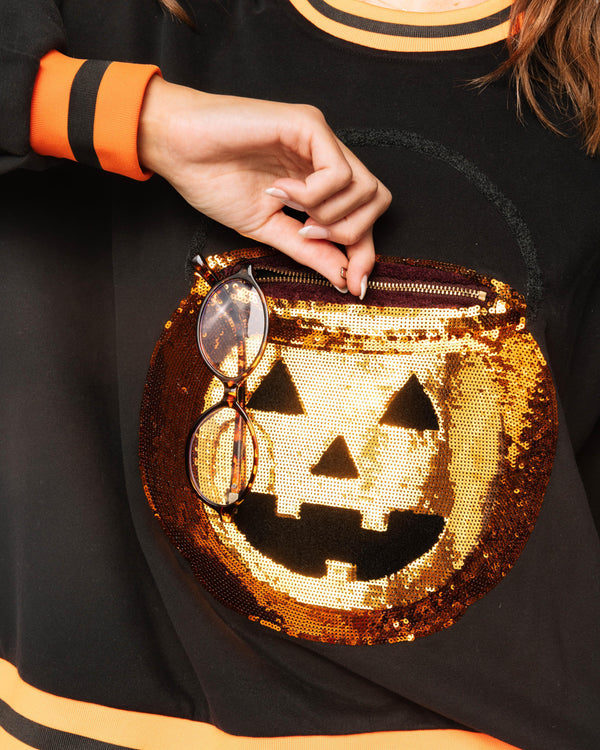 Black Halloween Pumpkin Candy Bucket Sweatshirt- (Women's)