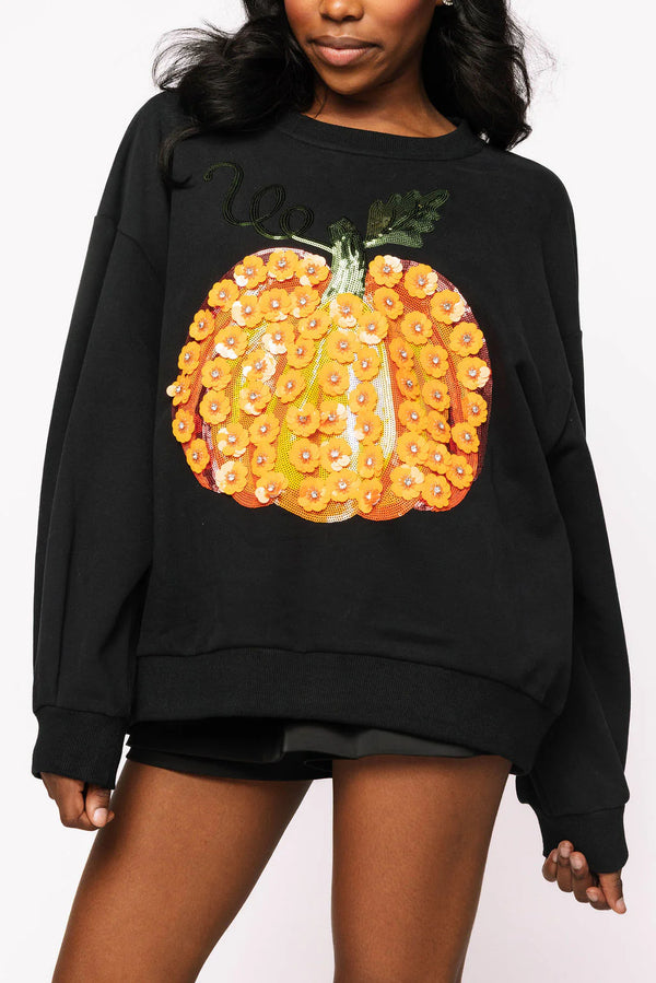 Black & Orange Flower Sequin Pumpkin Sweatshirt- (Women's)