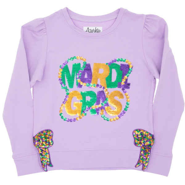 Mardi Gras Beads & Bow Sequin Holly Shirt