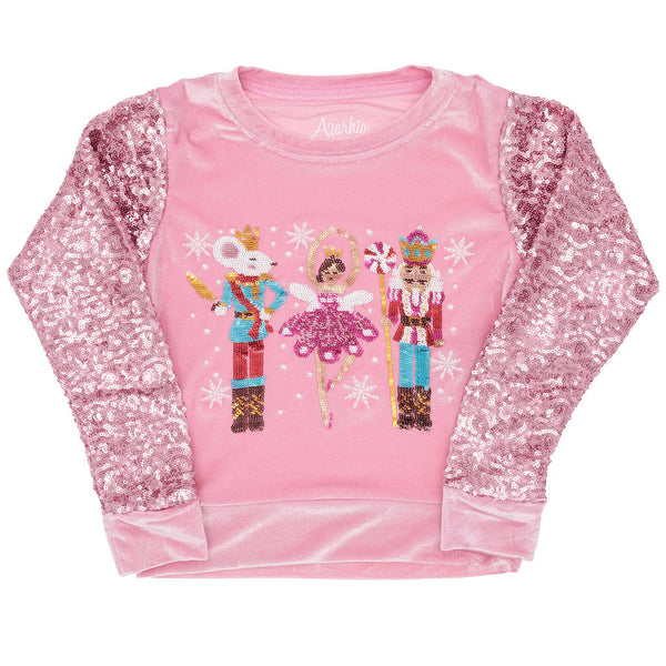 Nutcracker Pink Velvet Sweatshirt W/ Sequin Sleeve