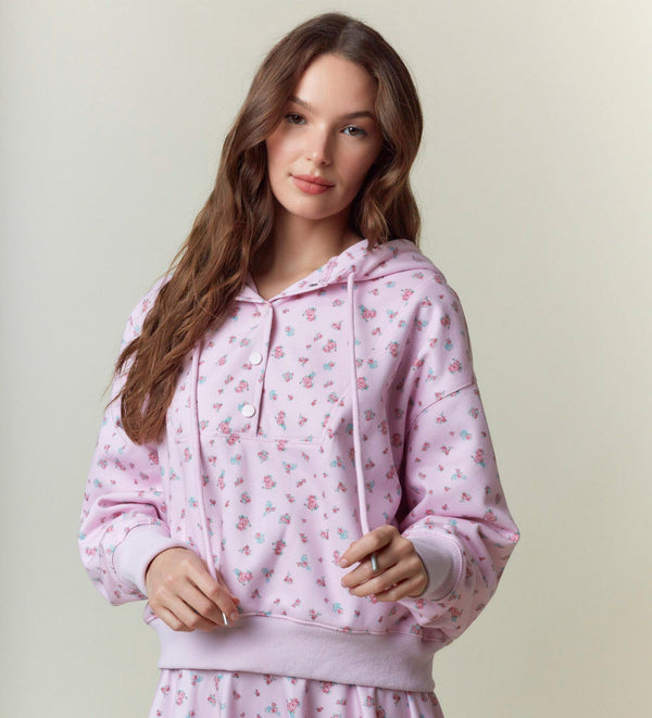 Floral Printed Fleece Hoodie- Pink