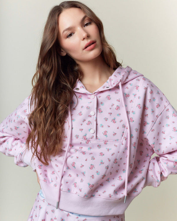 Floral Printed Fleece Hoodie- Pink