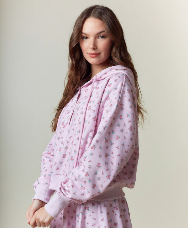 Floral Printed Fleece Hoodie- Pink
