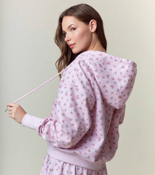 Floral Printed Fleece Hoodie- Pink