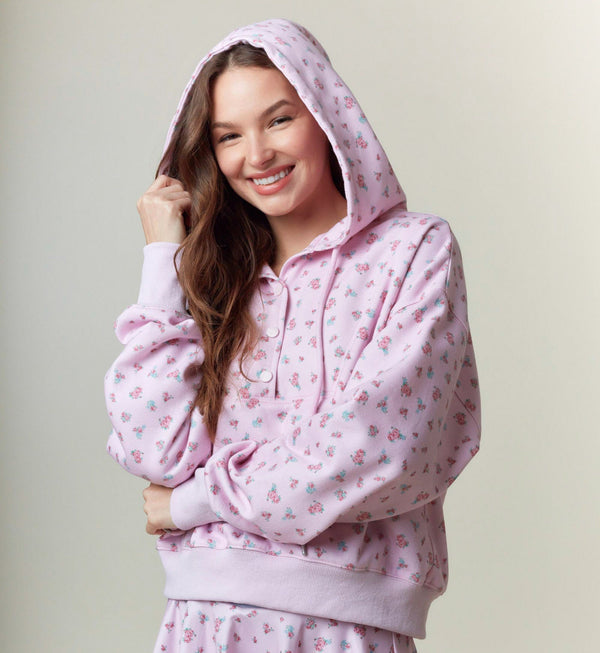 Floral Printed Fleece Hoodie- Pink