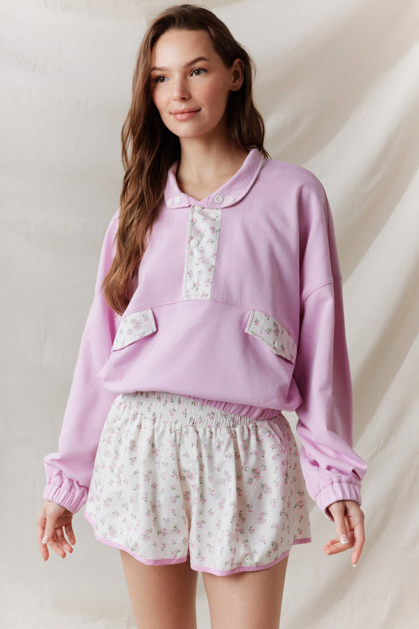 French Terry Ditsy Flower Semi-Button Up Top- Pink