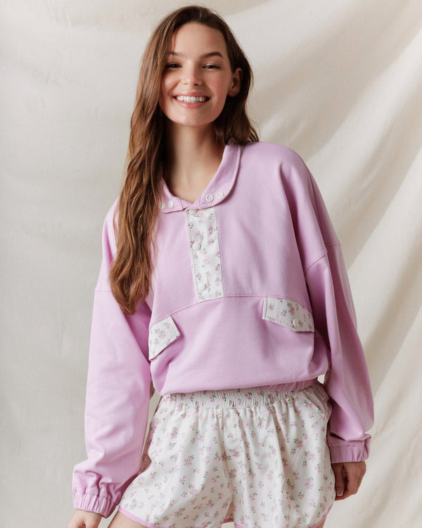French Terry Ditsy Flower Semi-Button Up Top- Pink