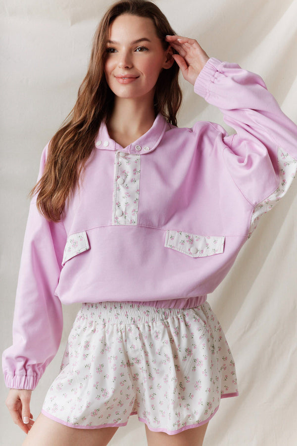 French Terry Ditsy Flower Semi-Button Up Top- Pink