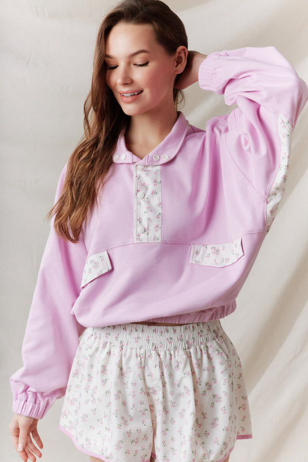 French Terry Ditsy Flower Semi-Button Up Top- Pink