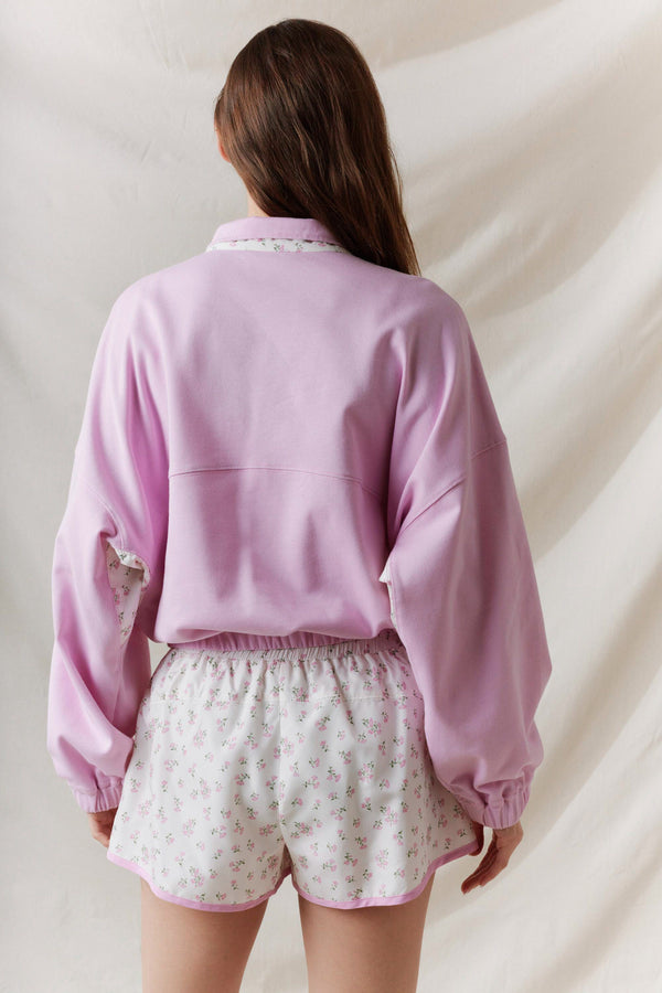 French Terry Ditsy Flower Semi-Button Up Top- Pink