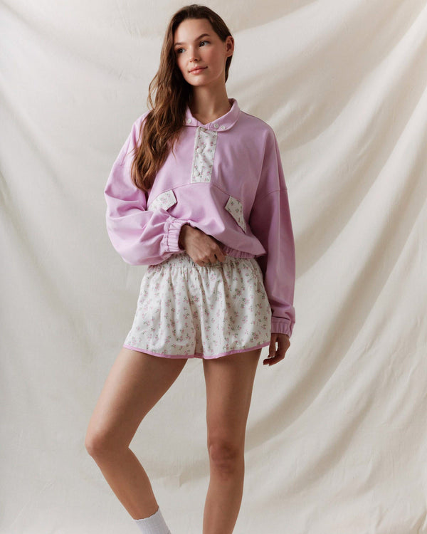 French Terry Ditsy Flower Semi-Button Up Top- Pink