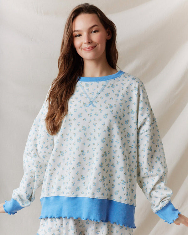 Ditsy Flower Print French Terry Sweatshirt- Blue