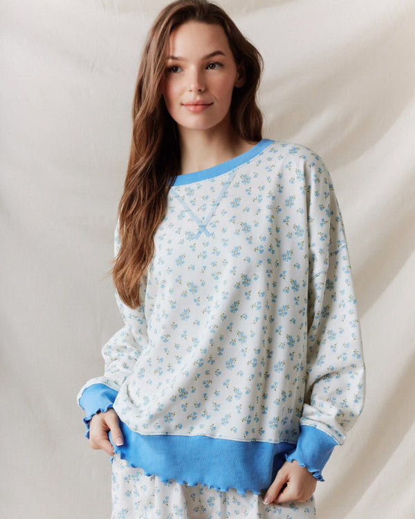 Ditsy Flower Print French Terry Sweatshirt- Blue