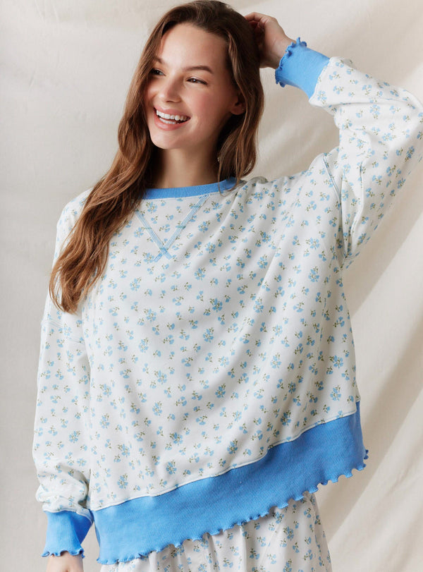 Ditsy Flower Print French Terry Sweatshirt- Blue