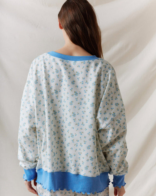Ditsy Flower Print French Terry Sweatshirt- Blue
