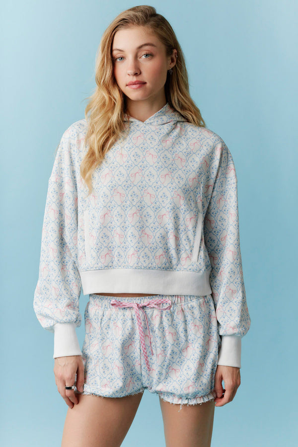 Contrast Color Block Detail Bow Printed Terry Hoodie
