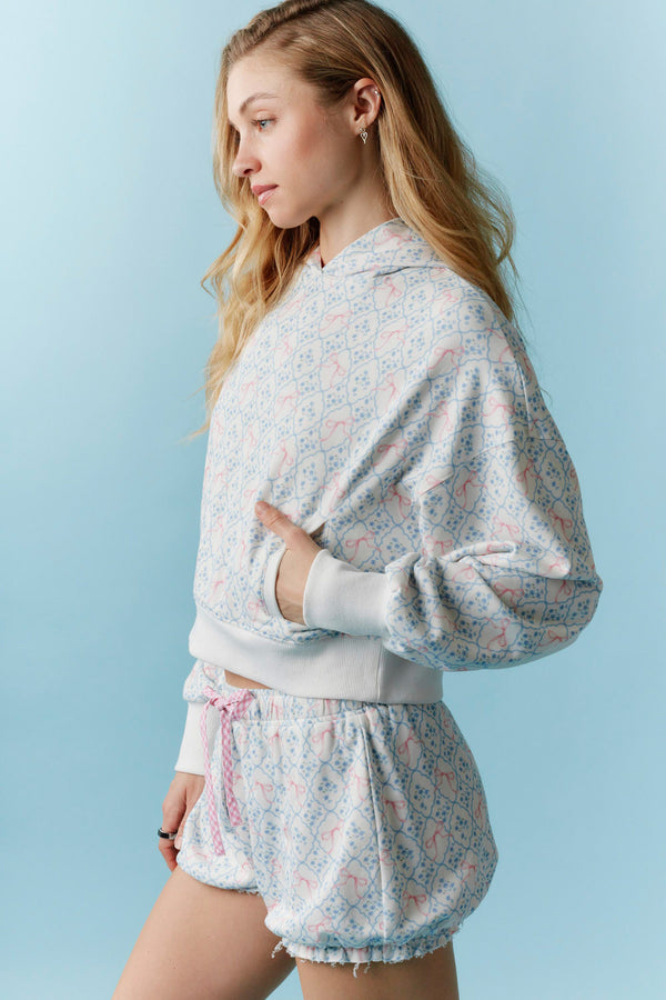 Contrast Color Block Detail Bow Printed Terry Hoodie