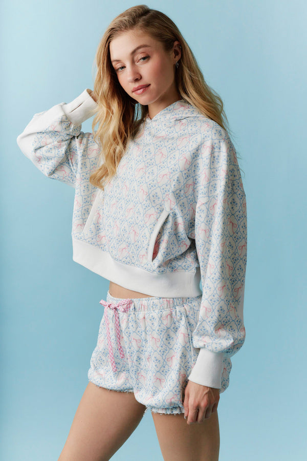 Contrast Color Block Detail Bow Printed Terry Hoodie