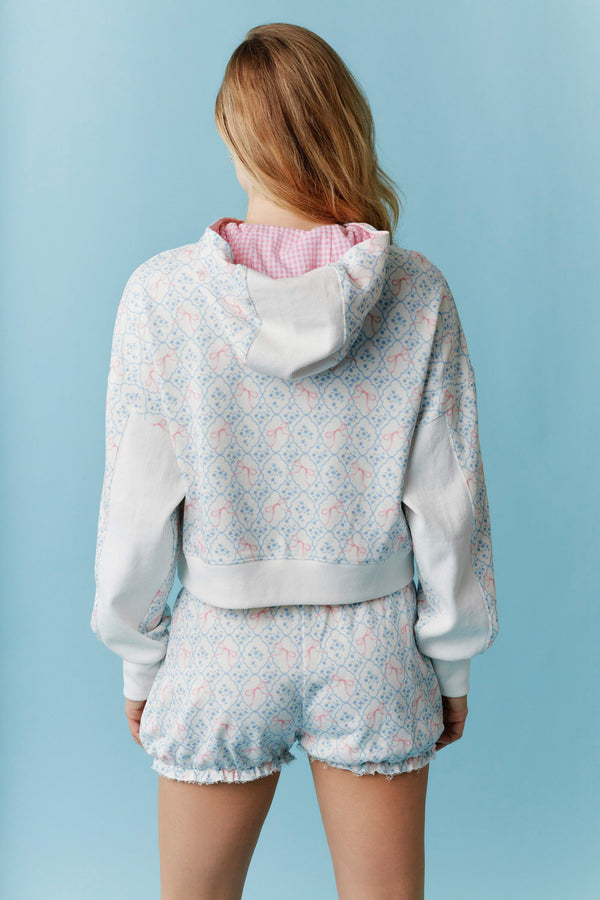 Contrast Color Block Detail Bow Printed Terry Hoodie