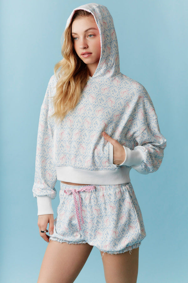 Contrast Color Block Detail Bow Printed Terry Hoodie