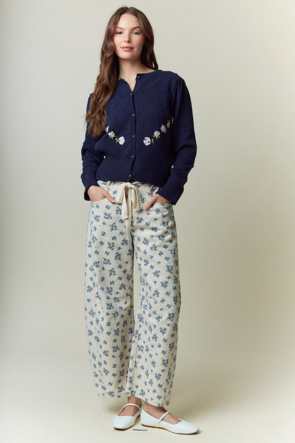 Floral Printed Waist Tie Denim Pants- Cream/Blue