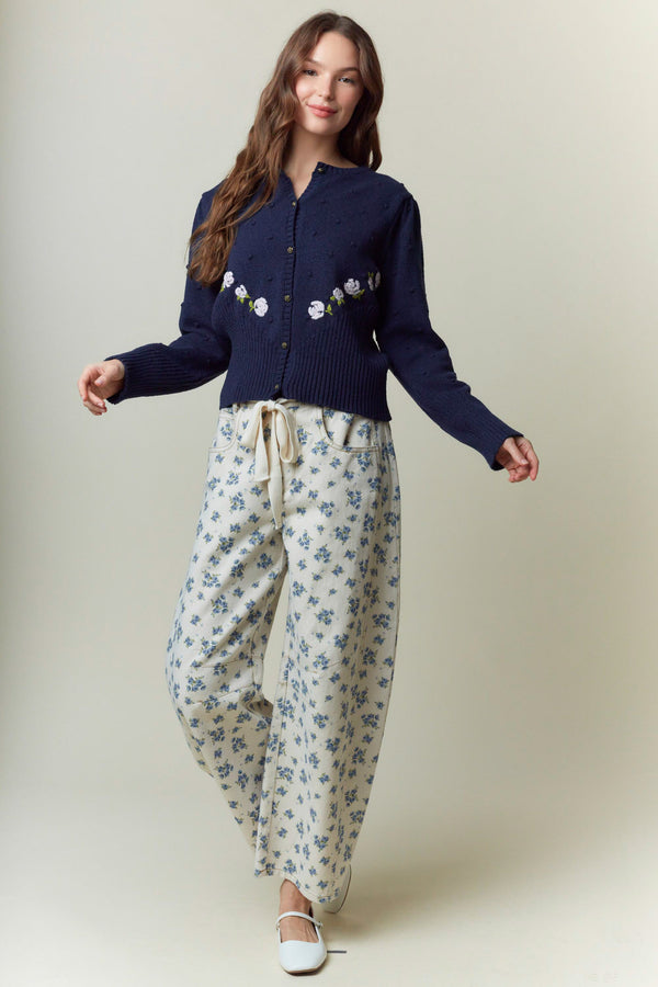 Floral Printed Waist Tie Denim Pants- Cream/Blue