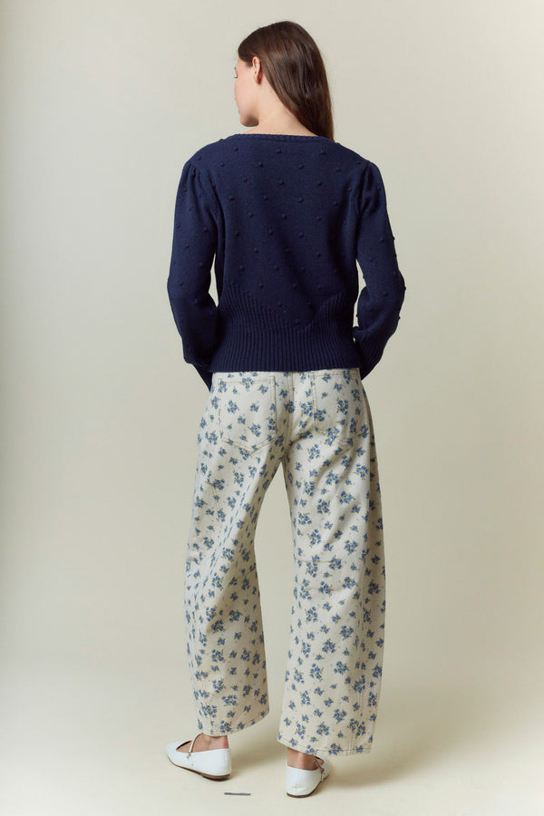 Floral Printed Waist Tie Denim Pants- Cream/Blue