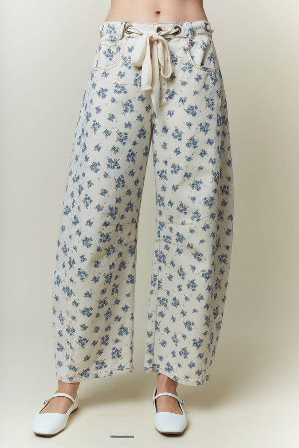 Floral Printed Waist Tie Denim Pants- Cream/Blue