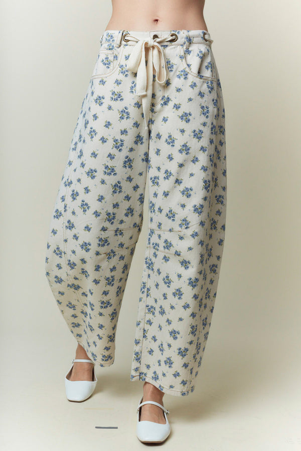 Floral Printed Waist Tie Denim Pants- Cream/Blue