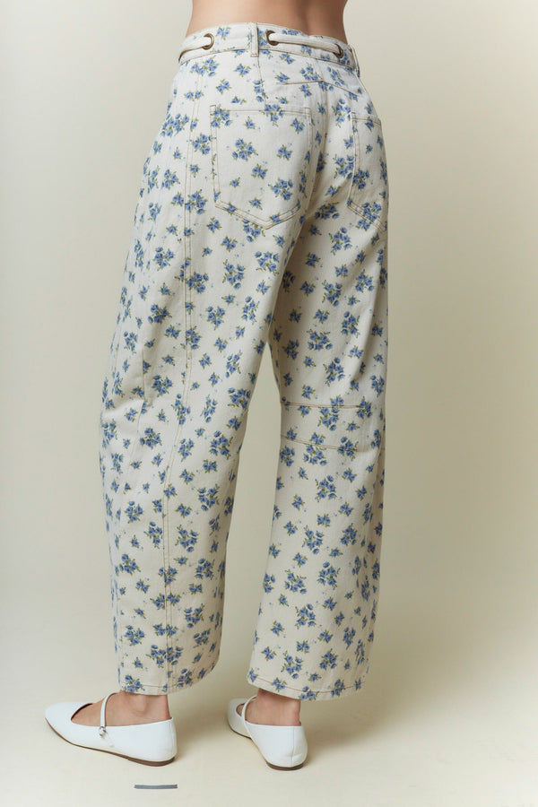 Floral Printed Waist Tie Denim Pants- Cream/Blue