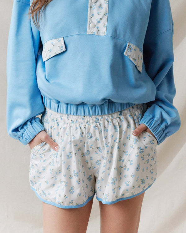 Ditsy Flower Printed Sporty Shorts- Dusty Blue