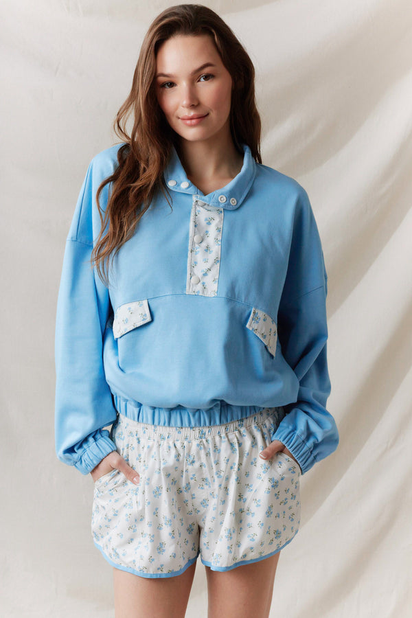Ditsy Flower Printed Sporty Shorts- Dusty Blue