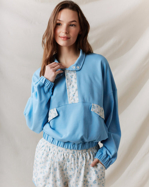 French Terry Ditsy Flower Semi-Button Up Top- Dusty Blue