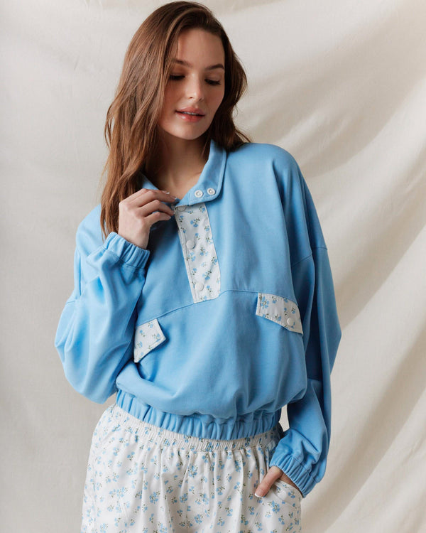 French Terry Ditsy Flower Semi-Button Up Top- Dusty Blue