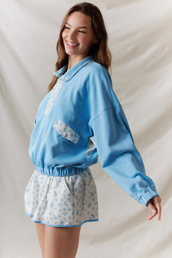 Ditsy Flower Printed Sporty Shorts- Dusty Blue