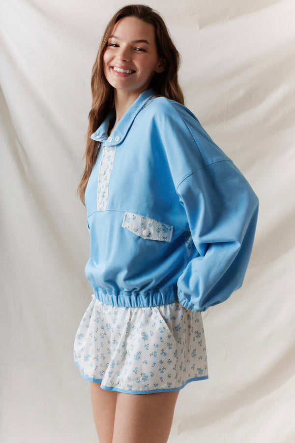 Ditsy Flower Printed Sporty Shorts- Dusty Blue