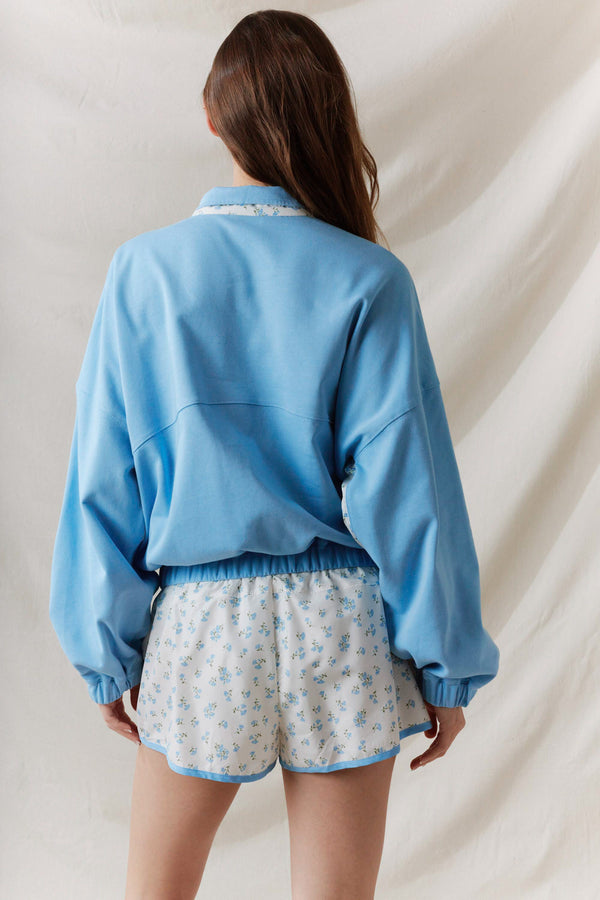 Ditsy Flower Printed Sporty Shorts- Dusty Blue