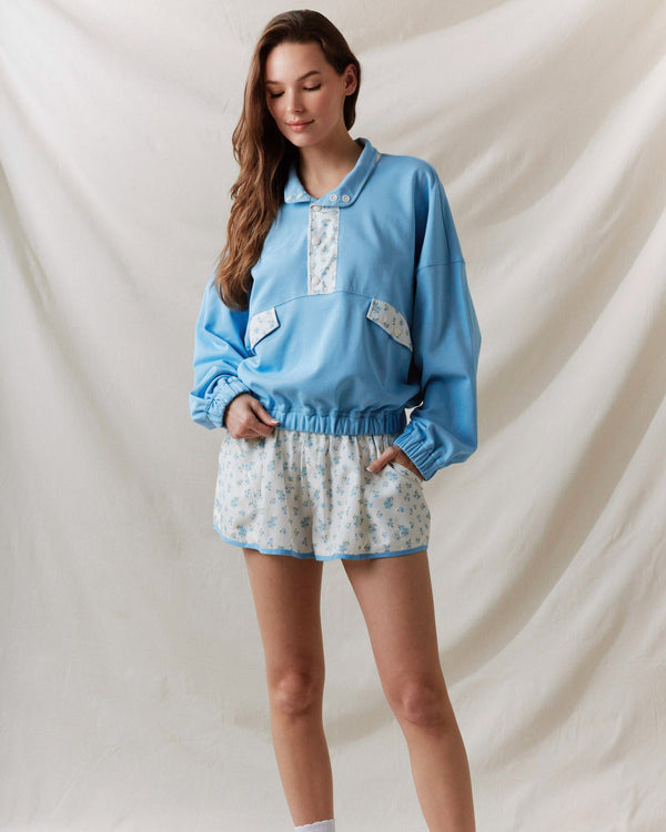 French Terry Ditsy Flower Semi-Button Up Top- Dusty Blue