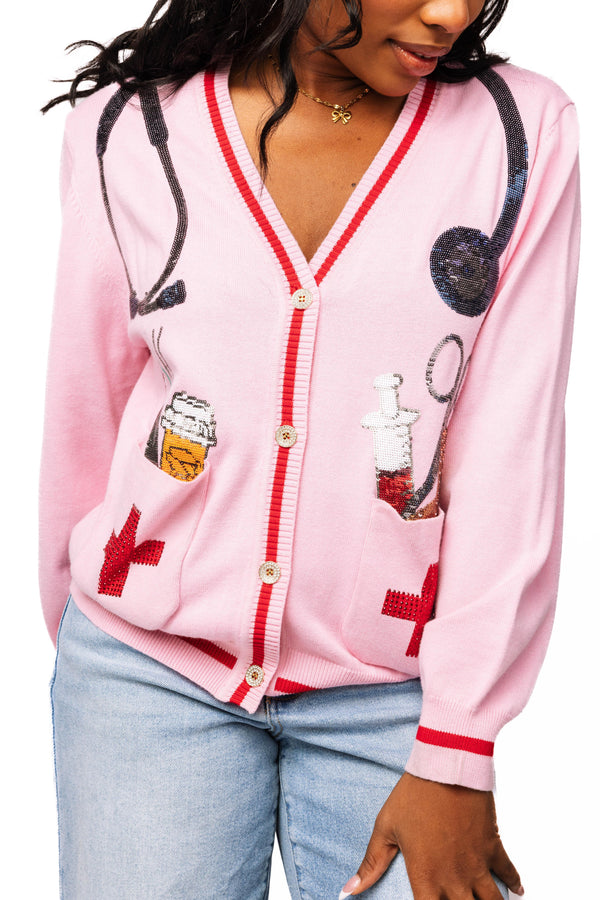 Pink Medical Instrument Button Up Cardigan- (Women's)