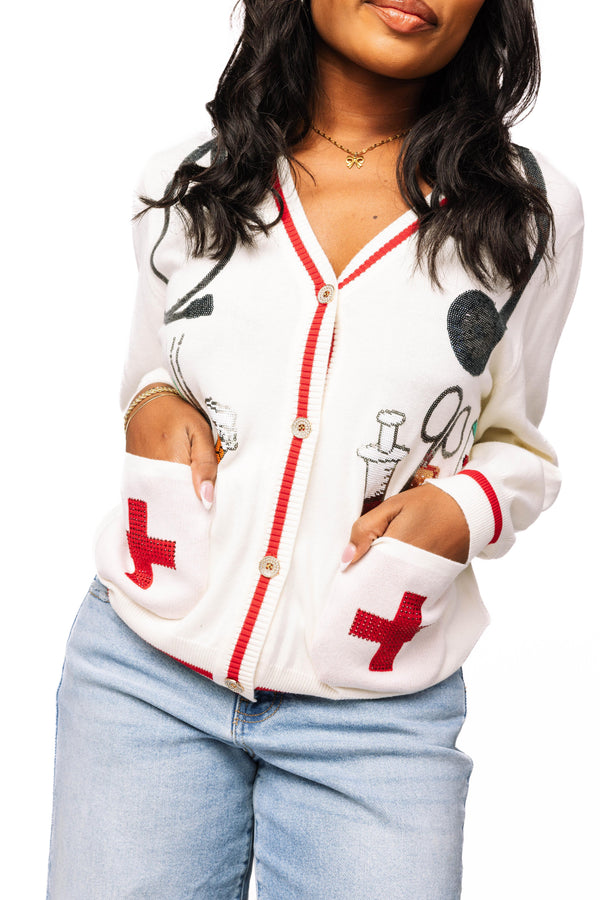 White Medical Instrument Button Up Cardigan- (Women's)