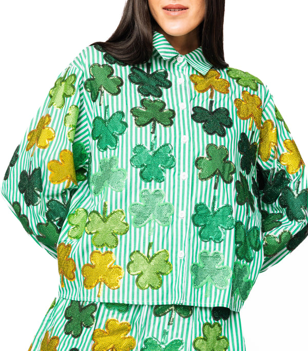 Rhinestone Shamrock Button Up Top- (Women's)