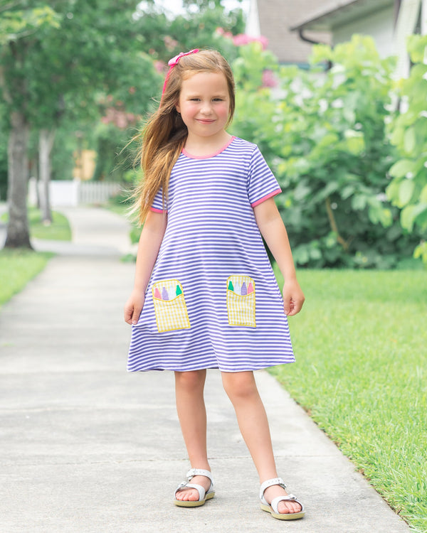 Crayon Pocket Dress-  Lavender Stripe