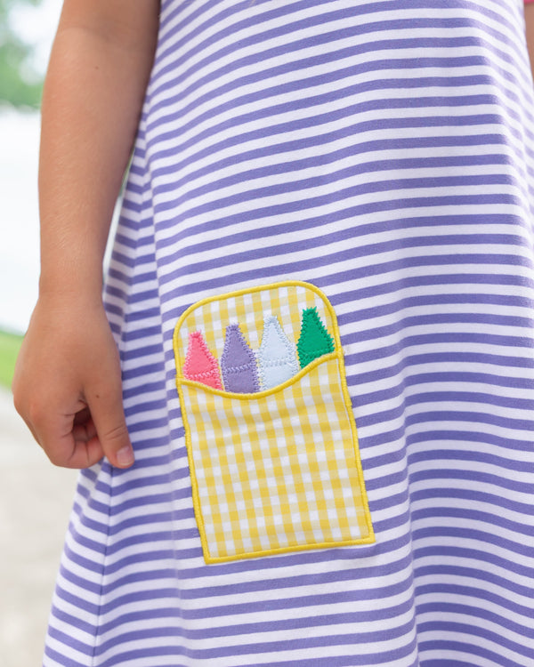 Crayon Pocket Dress-  Lavender Stripe