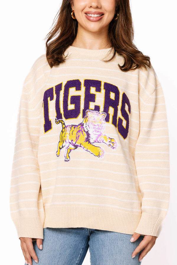 Licensed LSU Beige Stripe Vintage Team Sweater- (Women's)
