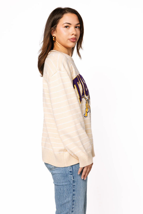 Licensed LSU Beige Stripe Vintage Team Sweater- (Women's)