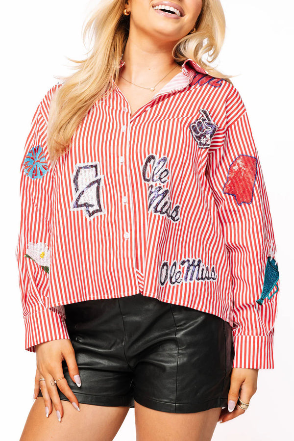 Licensed Ole Miss Mini Icon Striped Button Down-(Women's)