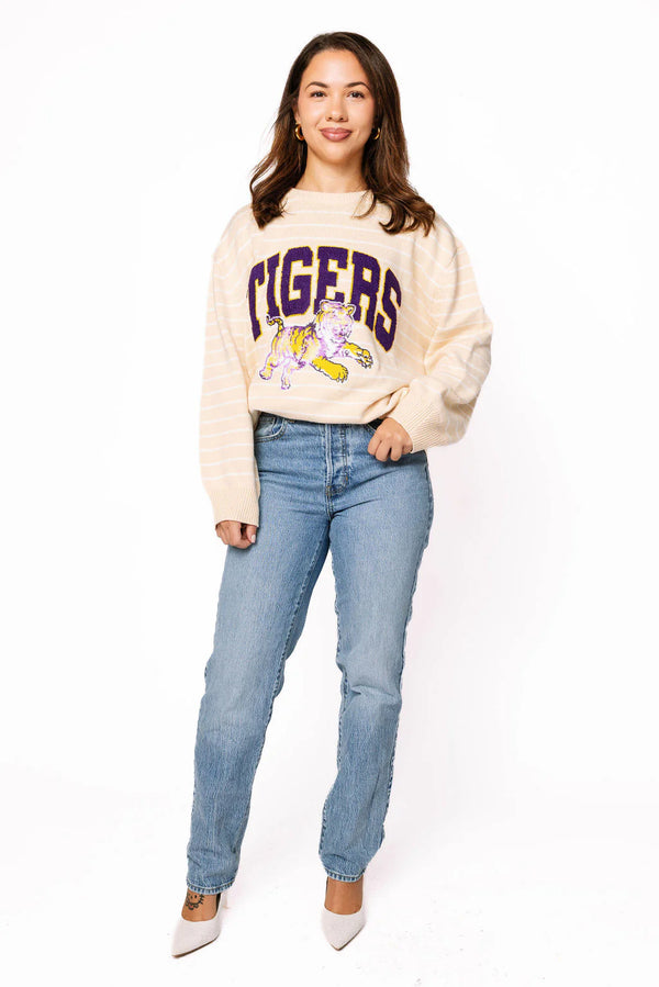 Licensed LSU Beige Stripe Vintage Team Sweater- (Women's)