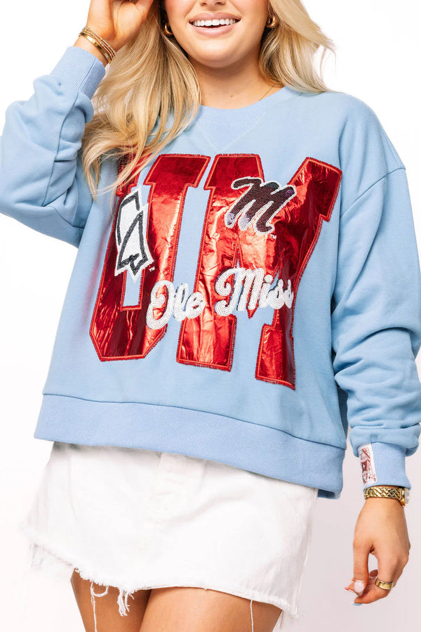 Licensed Ole Miss Metallic Word W/ Icons Sweatshirt- (Women's)