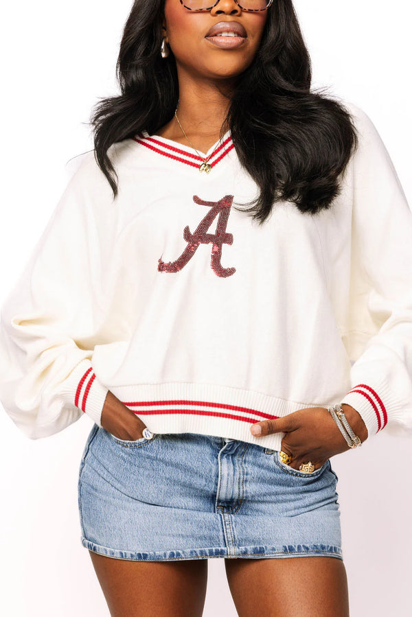 Licensed Alabama V Neck Striped Cuff Sweater-(Women's)