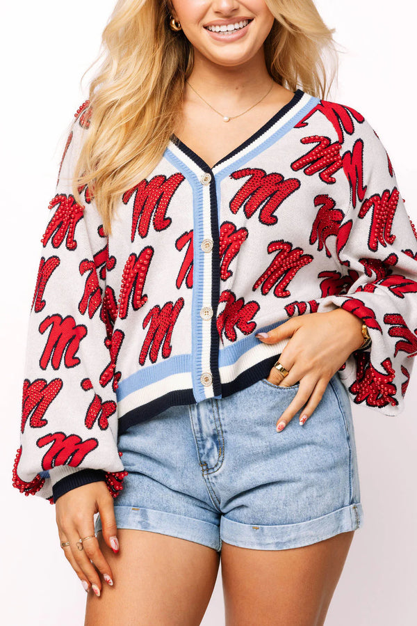 Licensed Ole Miss Knit In Mascot Rhinestone Cardigan-(Women's)